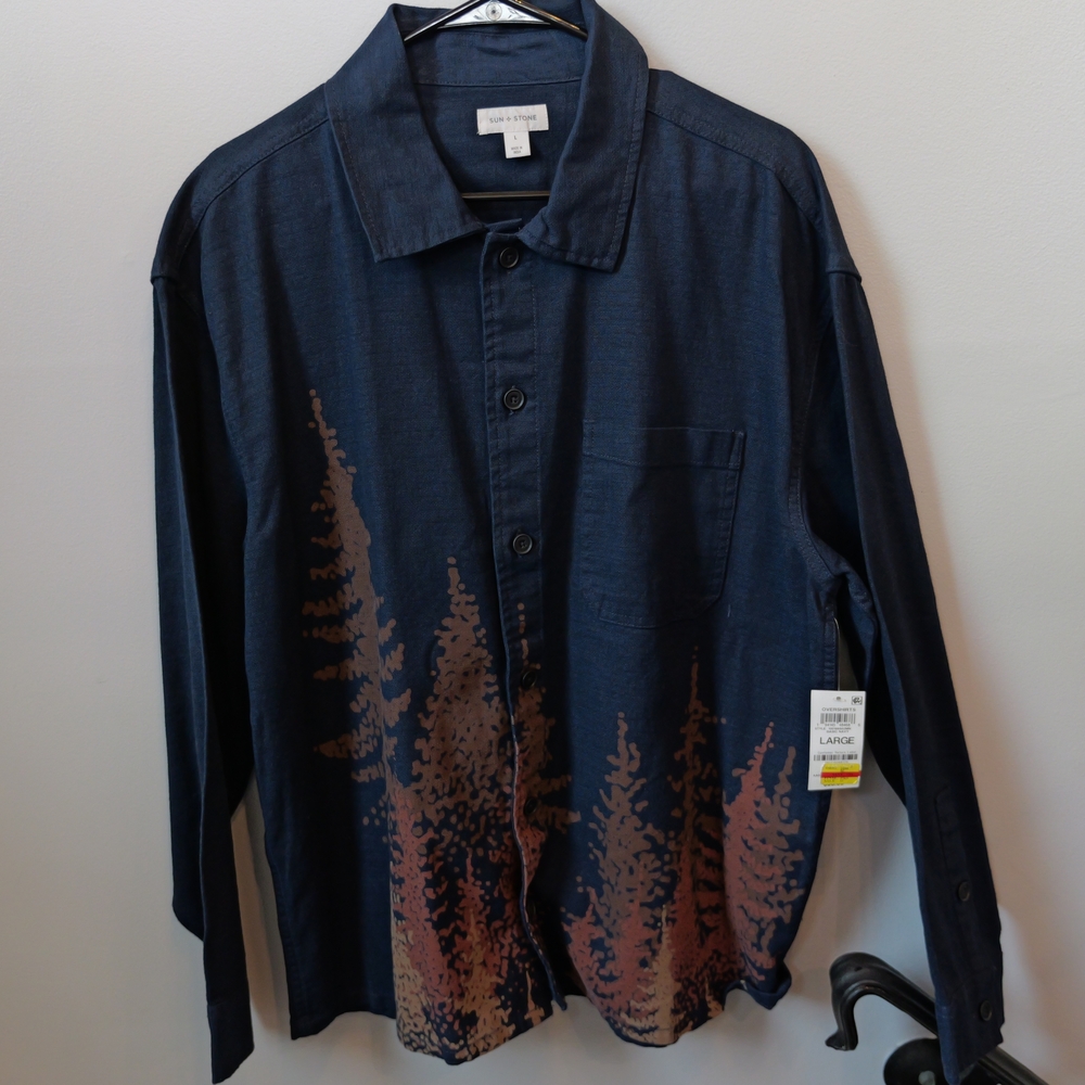NWT Sun + Stone Navy Shirt with Tree Pattern